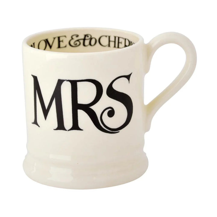 Emma Bridgewater Black Toast Mr &amp; Mrs set of 2 half pint mugs with boxed packaging, featuring classic black and white toast design.