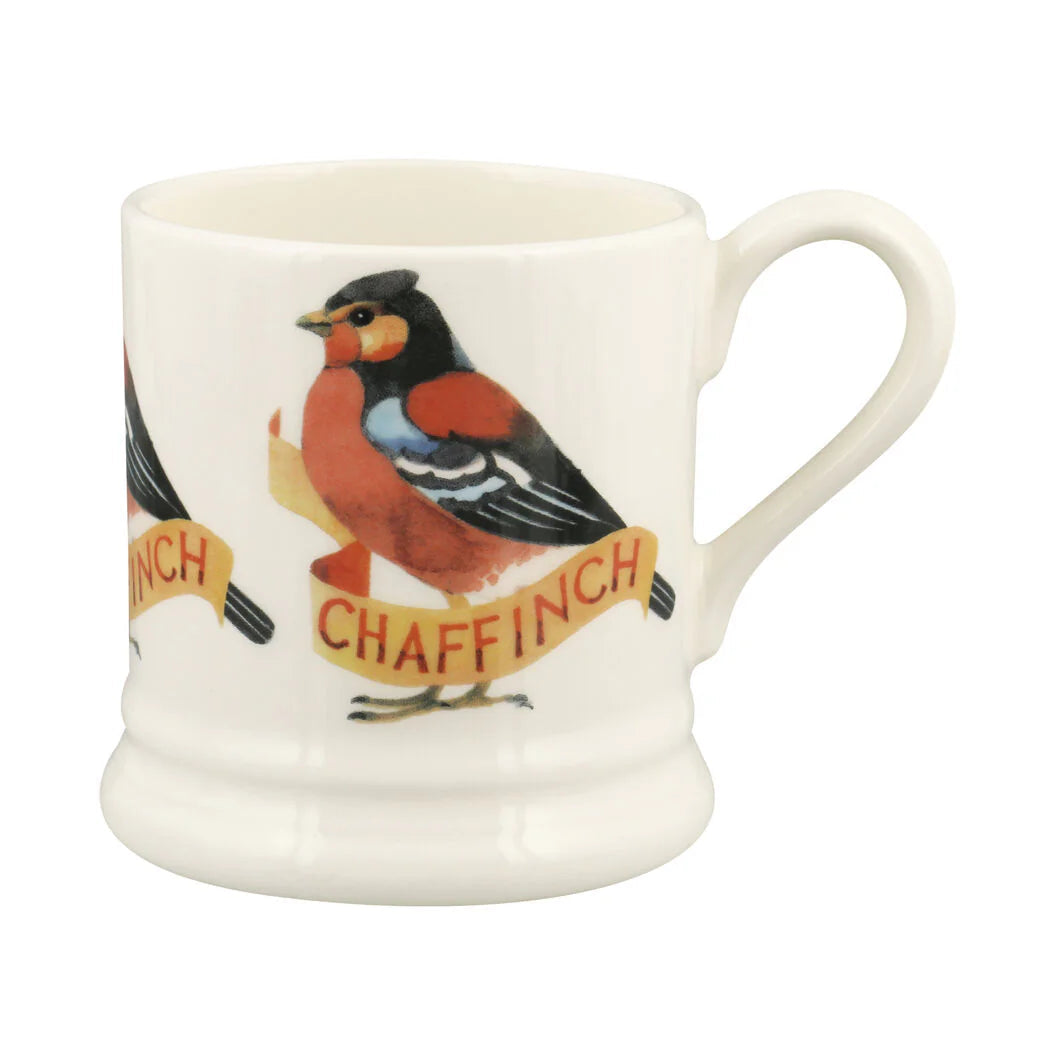 Emma Bridgewater Birds Chaffinch ½ Pint Mug featuring a colorful chaffinch bird and floral design on white ceramic.