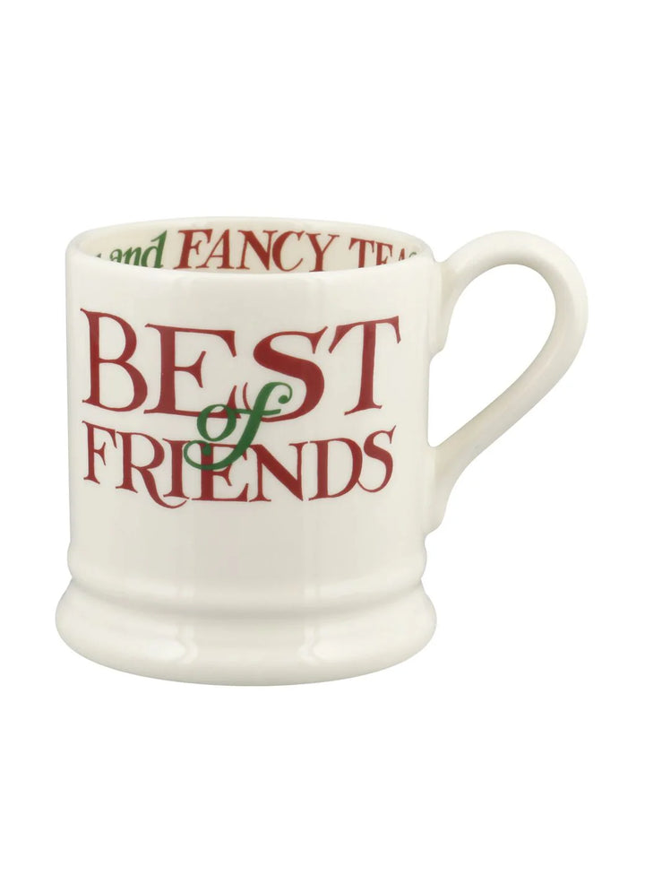 Emma Bridgewater Christmas Toast Best Of Friends 1/2 pint mug with festive toast and friends design on white ceramic.