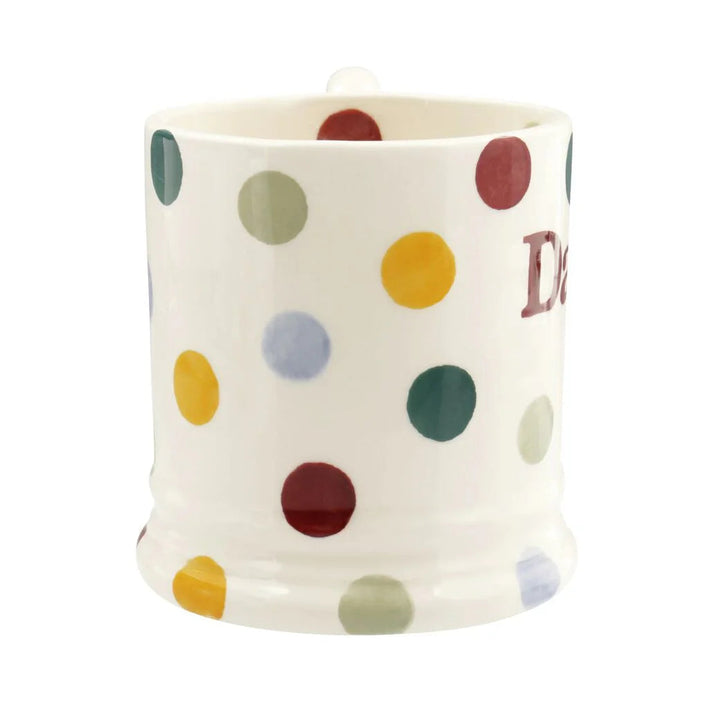 Emma Bridgewater Polka Dot Daddy 1/2 Pint Mug with colorful polka dot design on white ceramic, perfect for enjoying beverages.