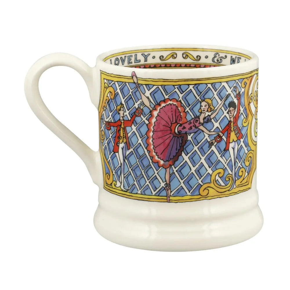 Emma Bridgewater Ballet Half Pint Mug featuring festive holiday design, white ceramic with colorful ballet-themed pattern.