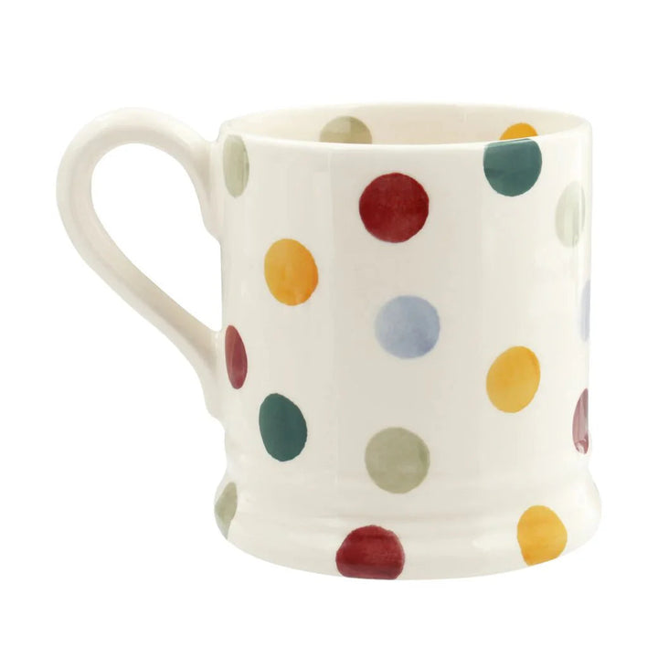 Emma Bridgewater Polka Dot Daddy half-pint mug with colorful polka dot pattern on white ceramic, featuring a handle and printed design.
