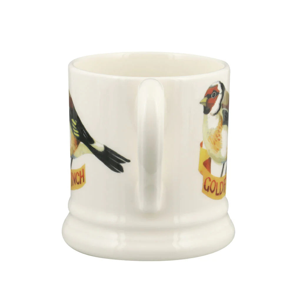 Emma Bridgewater Birds Goldfinch ½ Pint Mug featuring a goldfinch bird illustration on white ceramic.