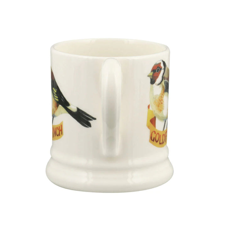 Emma Bridgewater Birds Goldfinch ½ Pint Mug featuring a goldfinch bird illustration on white ceramic.