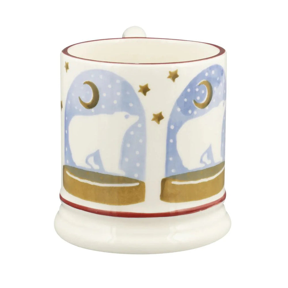 Emma Bridgewater Christmas Polar Bear Snow Globe Half Pint Mug featuring a festive polar bear scene on a ceramic mug.
