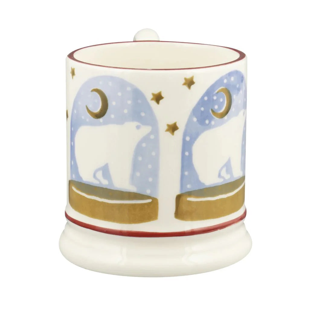 Emma Bridgewater Christmas Polar Bear Snow Globe Half Pint Mug featuring a festive polar bear scene on a ceramic mug.