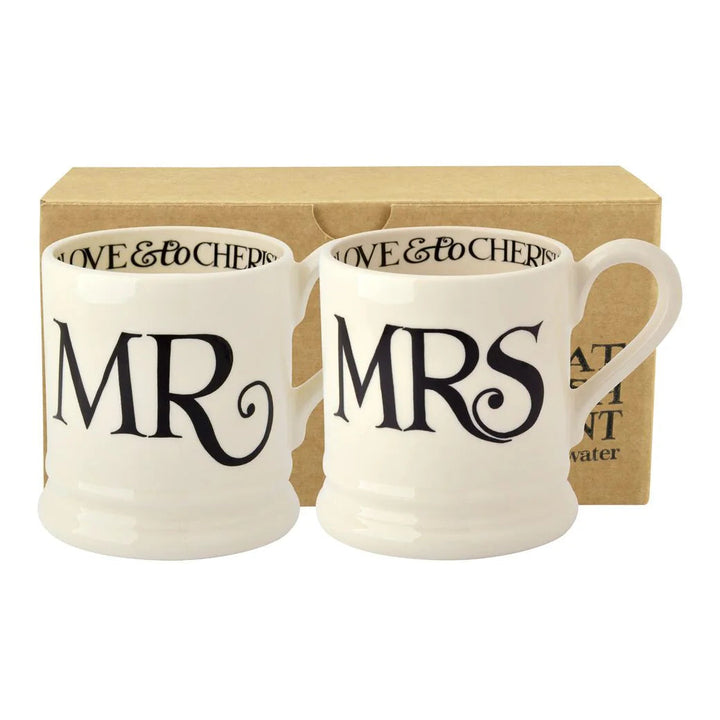 Emma Bridgewater Black Toast Mr &amp; Mrs set of 2 half pint mugs with boxed packaging, featuring black toast design and classic ceramic craftsmanship.