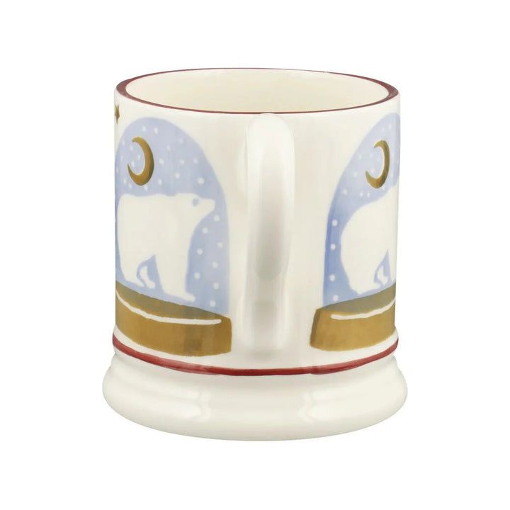 Emma Bridgewater Polar Bear Snow Globe Half Pint Mug featuring a snowy winter scene with a polar bear illustration.