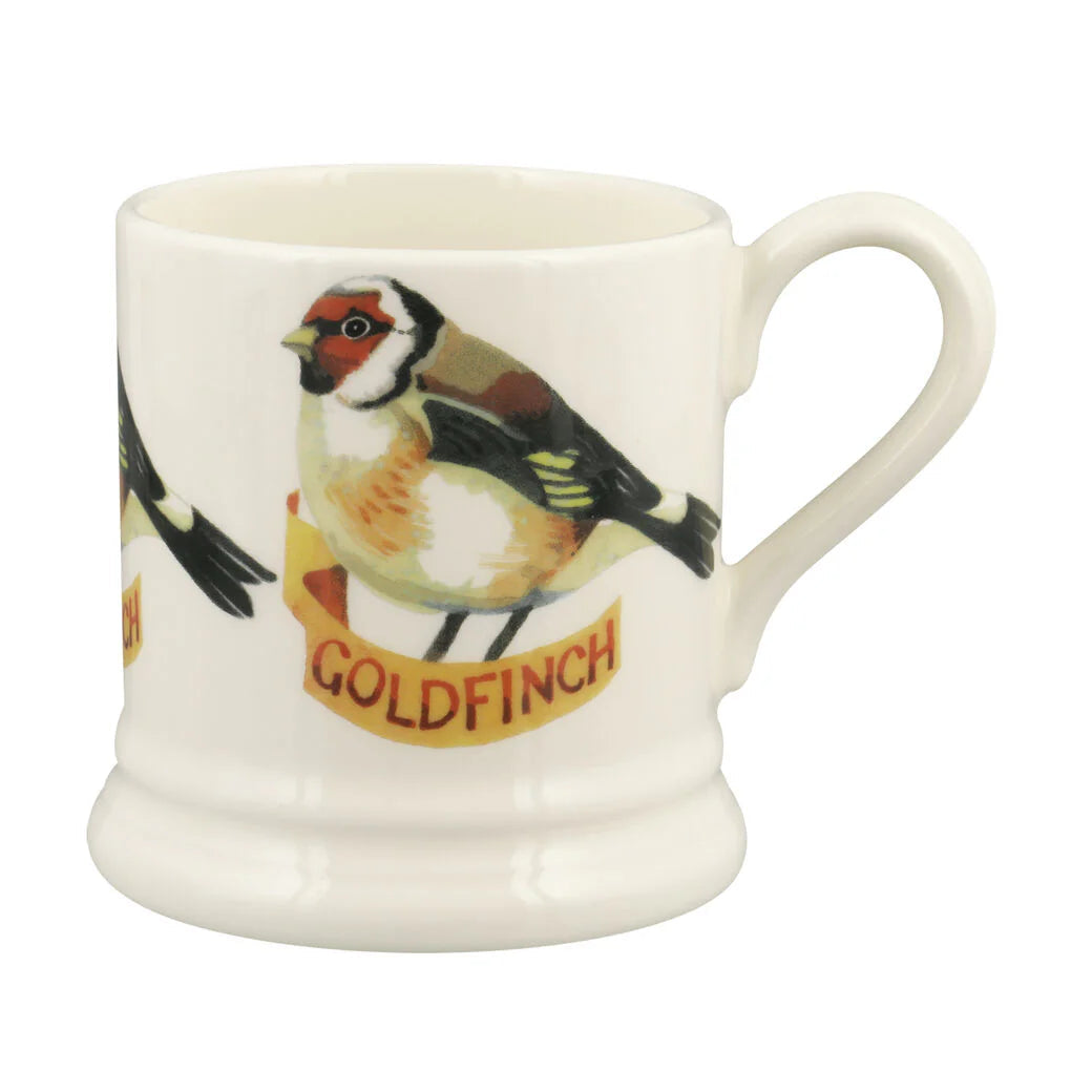 Emma Bridgewater Birds Goldfinch ½ Pint Mug featuring a goldfinch bird illustration on a white ceramic mug.