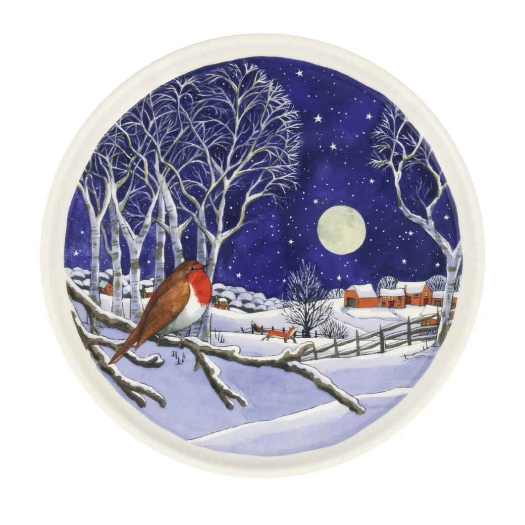 Emma Bridgewater Midnight Robin flat serving plate with festive robin and winter holiday design, perfect for Christmas celebrations.