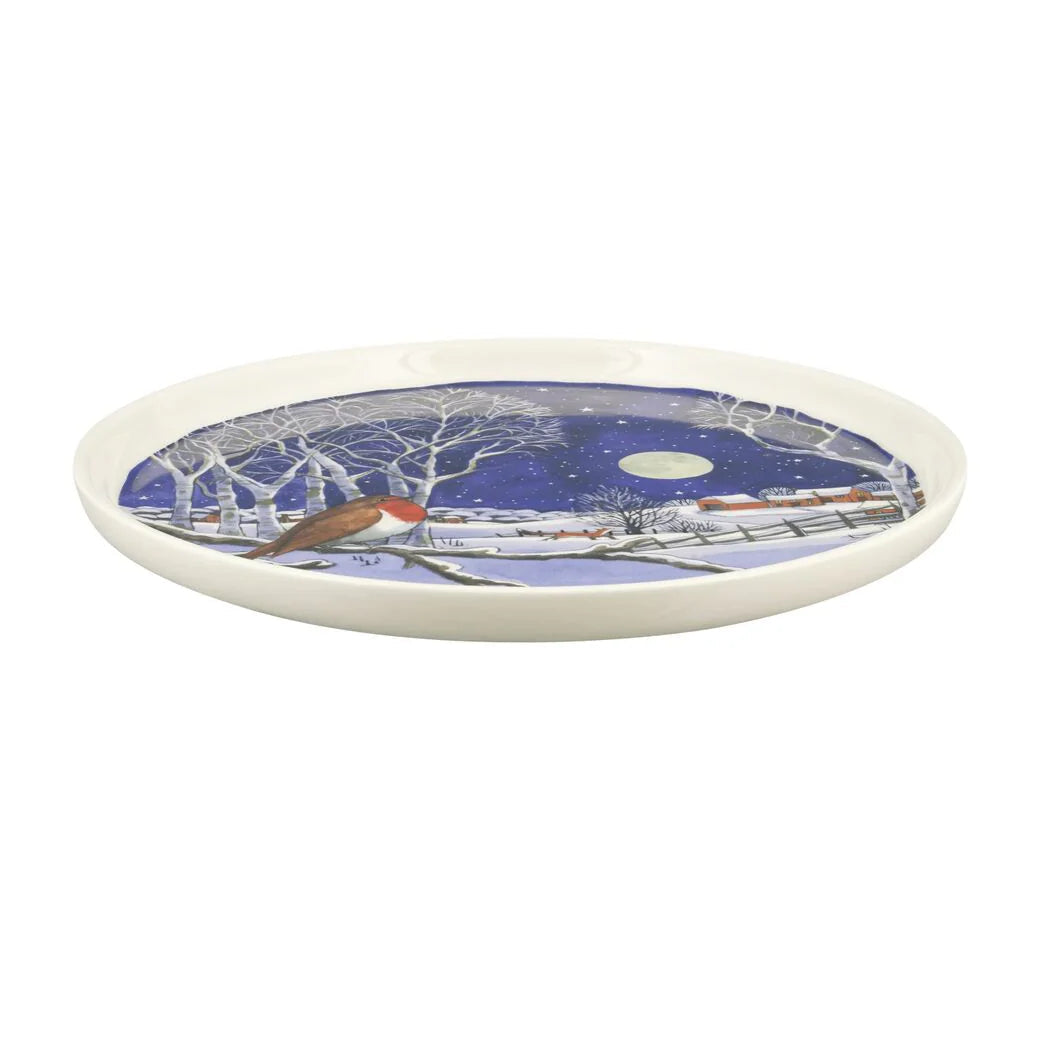 Emma Bridgewater Midnight Robin flat serving plate with festive robin design and midnight blue background, perfect for holiday gatherings.