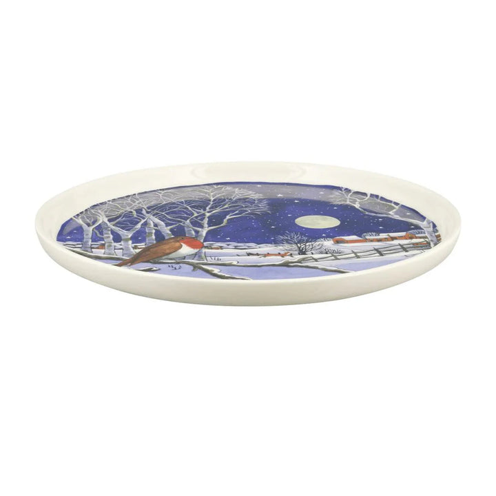 Emma Bridgewater Midnight Robin flat serving plate with festive robin design and midnight blue background, perfect for holiday gatherings.