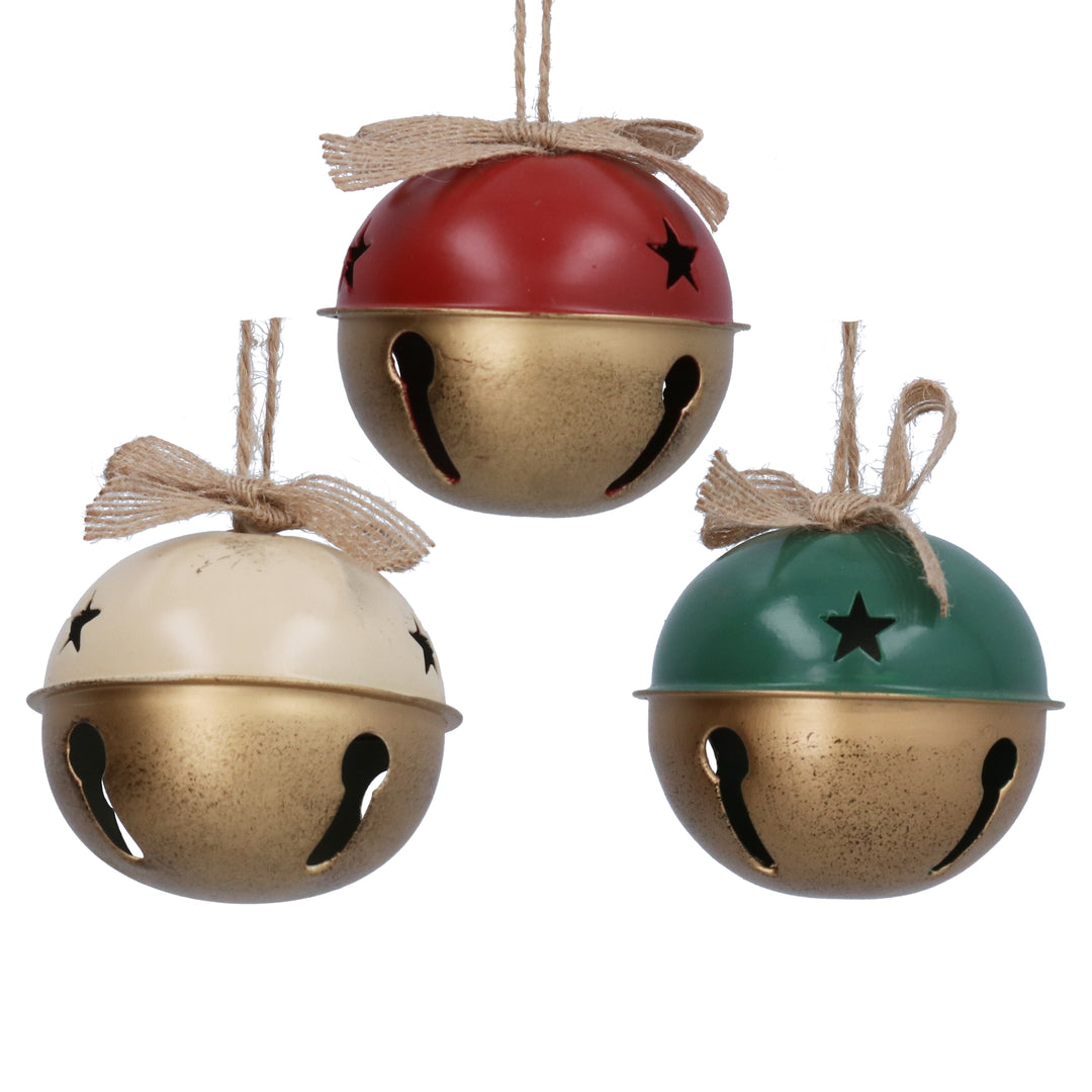 Gisela Graham Gold Metal Sleigh Bell Christmas Decoration 7cm | Red, Cream &amp; Green