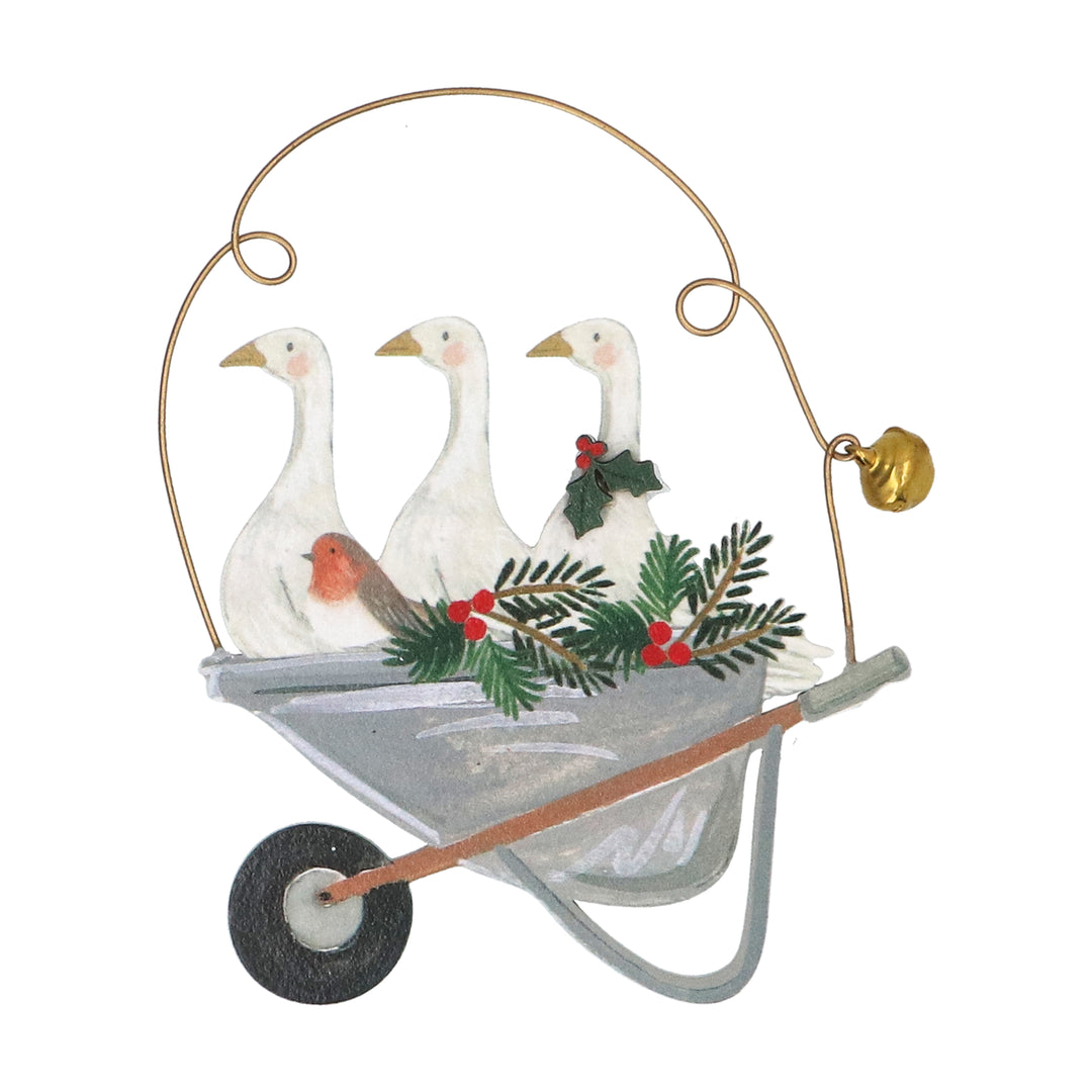 Gisela Graham Geese &amp; Robin with Wheelbarrow Wooden Christmas Decoration