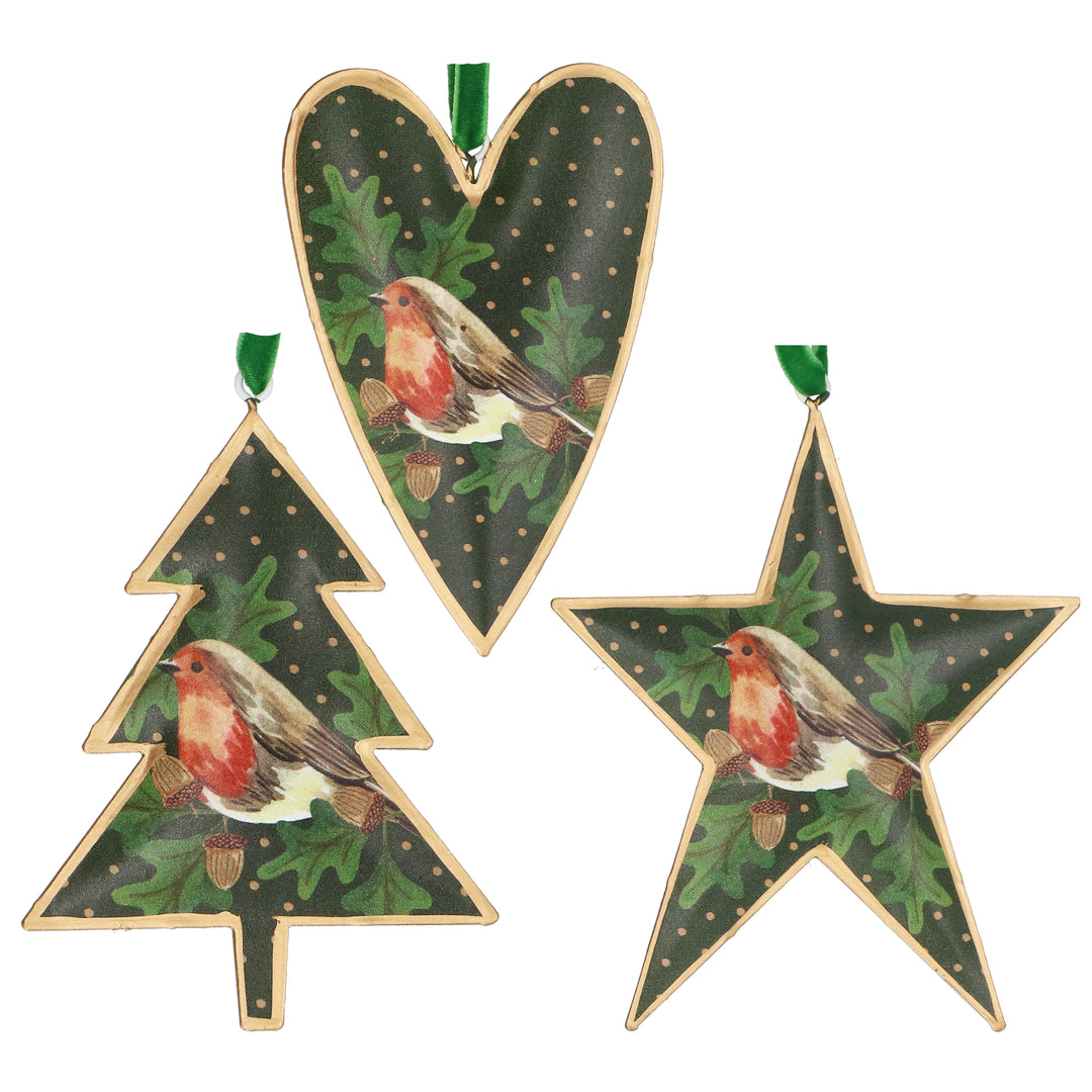 Gisela Graham Green Tin Robin on Sprig Christmas Tree Decoration 12cm