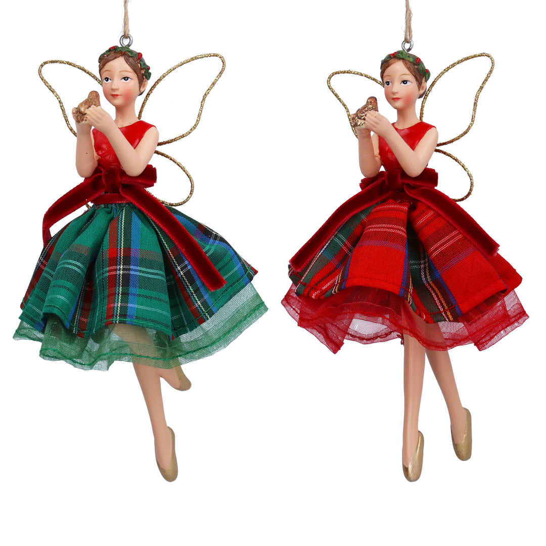 Gisela Graham Resin Fairy Christmas Decoration 15cm | Green &amp; Red Tartan Skirt