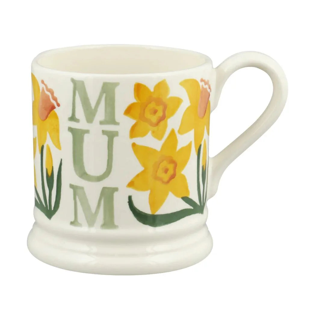 Emma Bridgewater Flowers Daffodil Mum half-pint mug with yellow daffodil and mum floral pattern on ceramic mug.