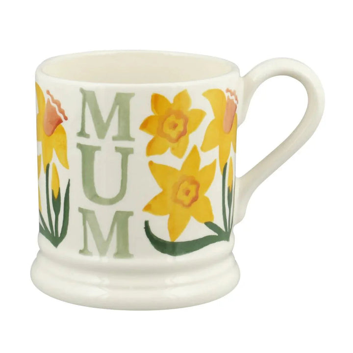 Emma Bridgewater Flowers Daffodil Mum half-pint mug with yellow daffodil and mum floral pattern on ceramic mug.