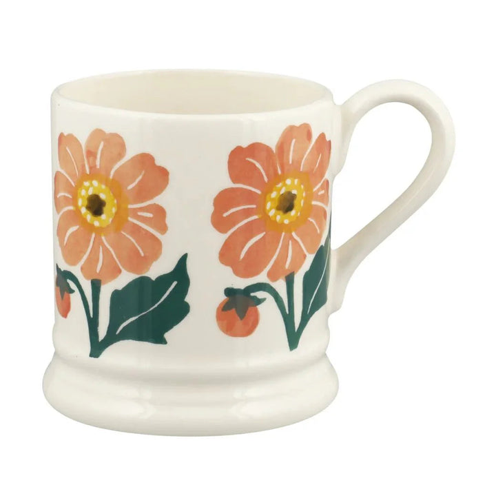 Emma Bridgewater Flowers Dahlia half-pint ceramic mug with colorful floral dahlia pattern, cream background and curved handle.