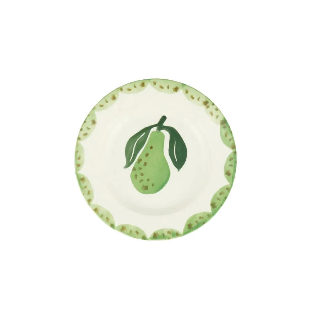 Emma Bridgewater Fruit & Veg Pears 6½" side plate with colorful pear pattern on white ceramic background.