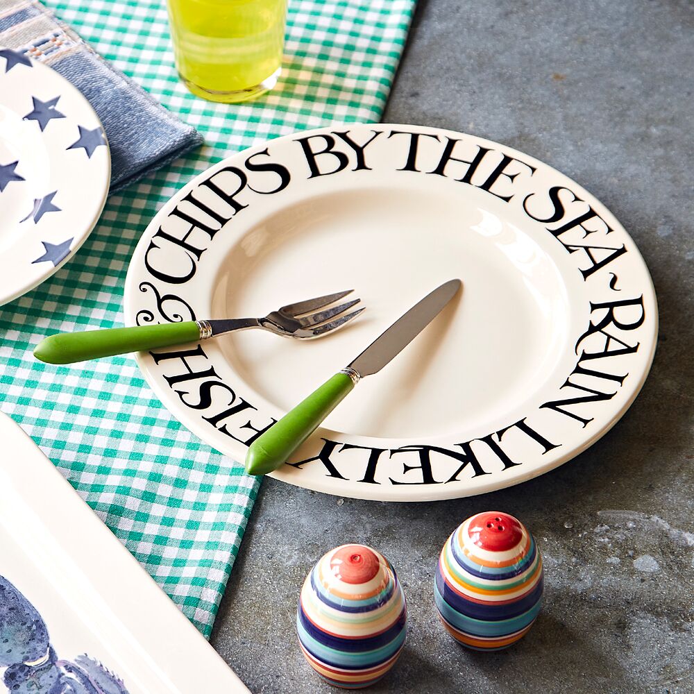 Emma Bridgewater Black Toast Fish &amp; Chips 10½-inch ceramic dinner plate with black toast pattern and colorful fish and chips design.