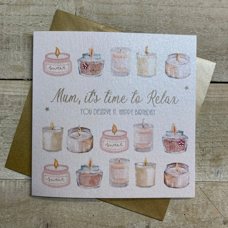 White cotton birthday card for mum from Cornucopia Home and Gift, featuring elegant design on a clean, textured background.