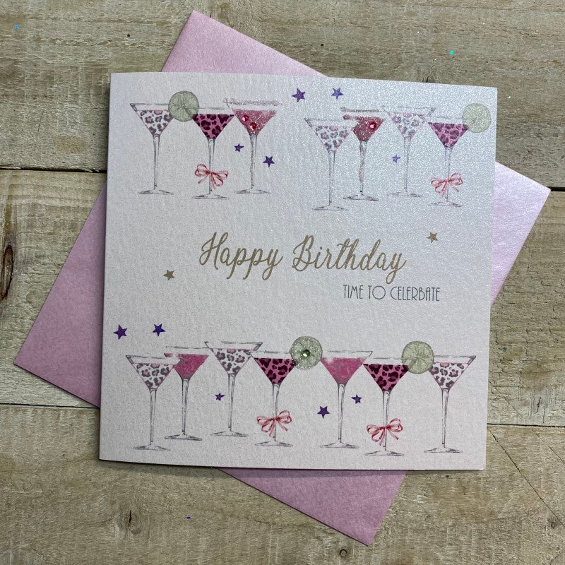 White cocktail glasses celebration greeting card by Cornucopia Home and Gift, featuring colorful birthday-themed design.