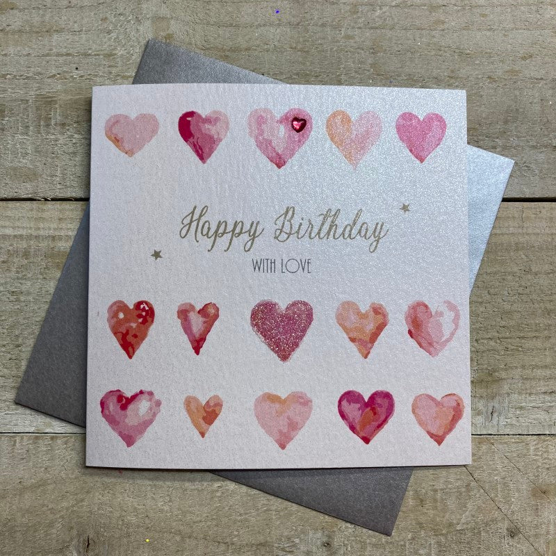 White cotton birthday card with love hearts design by Cornucopia Home and Gift, featuring "Happy Birthday With Love" message.