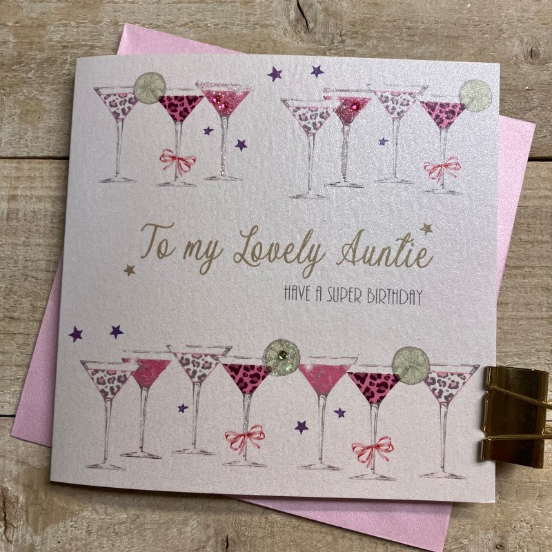 White cotton card with "Happy Birthday Auntie" and cocktail illustrations, from Cornucopia Home and Gift by White Cotton Cards Ltd.
