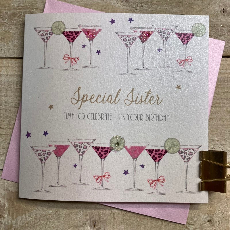 White cotton sister birthday card from Cornucopia Home and Gift, featuring a decorative design on a clean white background.