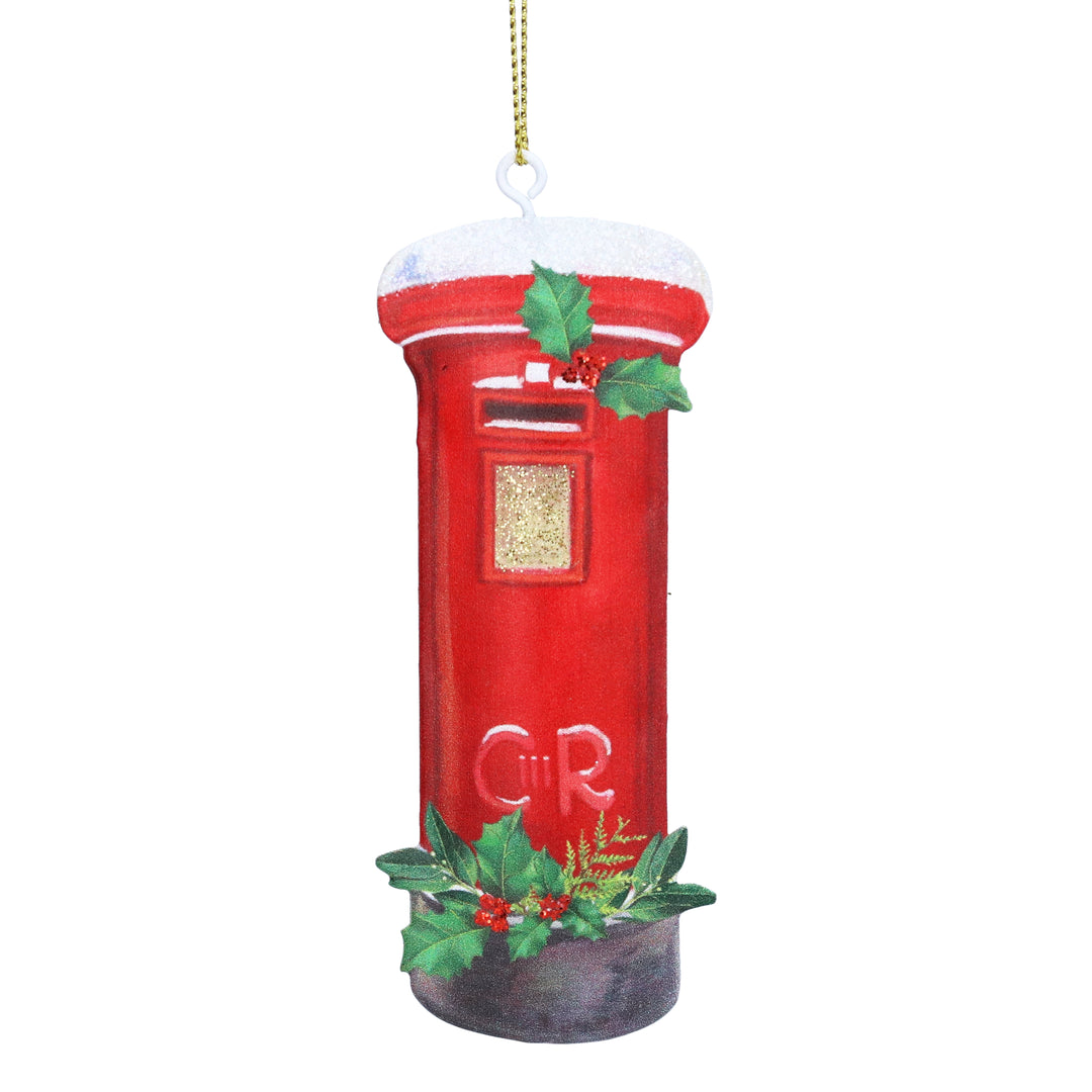 London Post Box &amp; Holly Tin Hanging Decoration