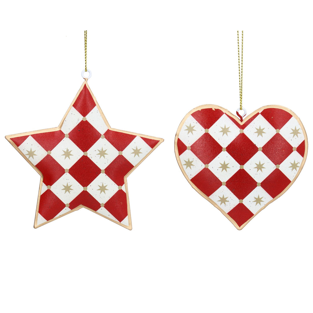 Red &amp; Cream Checkered Tin Hanging Decoration - Star or Heart, 10cm