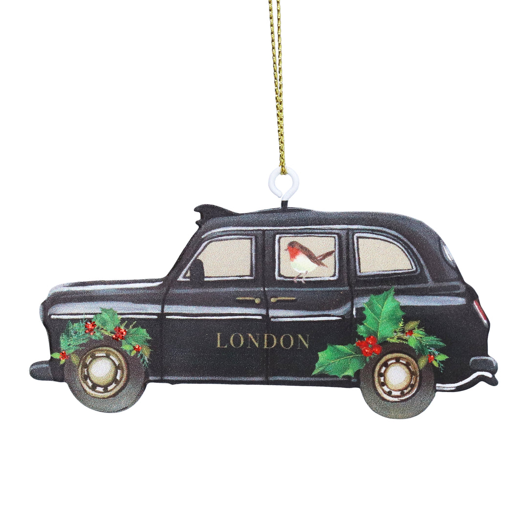 London Taxi, Holly &amp; Robin Tin Hanging Decoration - 10cm