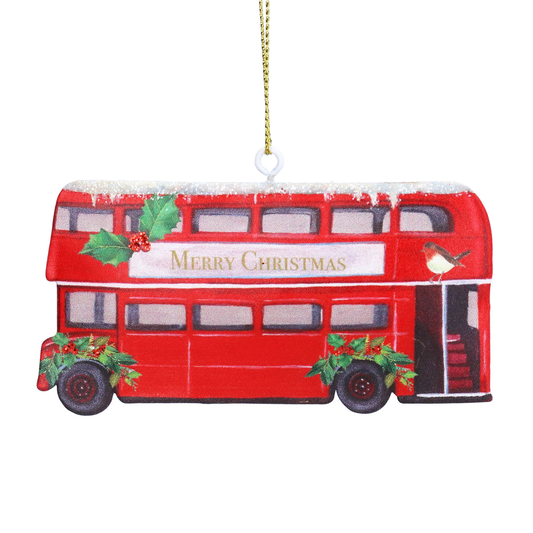 London Bus, Holly &amp; Robin Tin Hanging Decoration