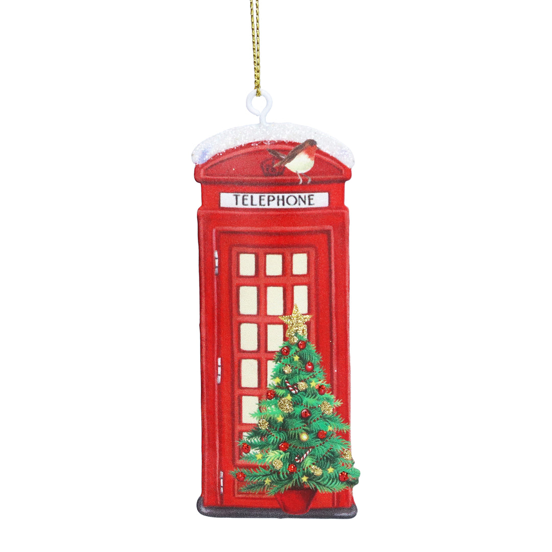 London Telephone Box, Holly &amp; Robin Tin Hanging Decoration