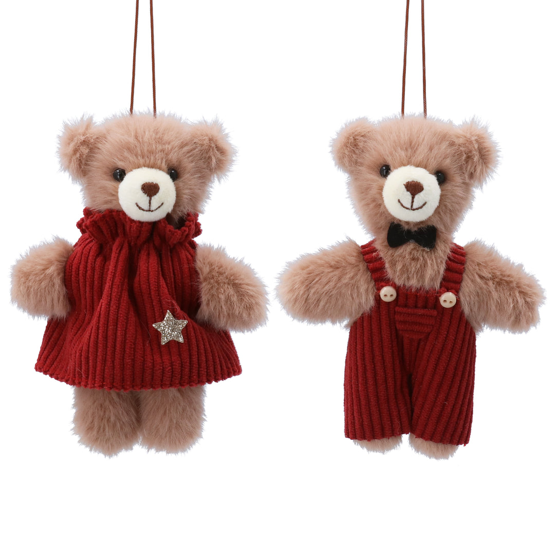 Mr or Mrs Teddy in Corduroy Outfit Fabric Hanging Christmas Decoration 12cm