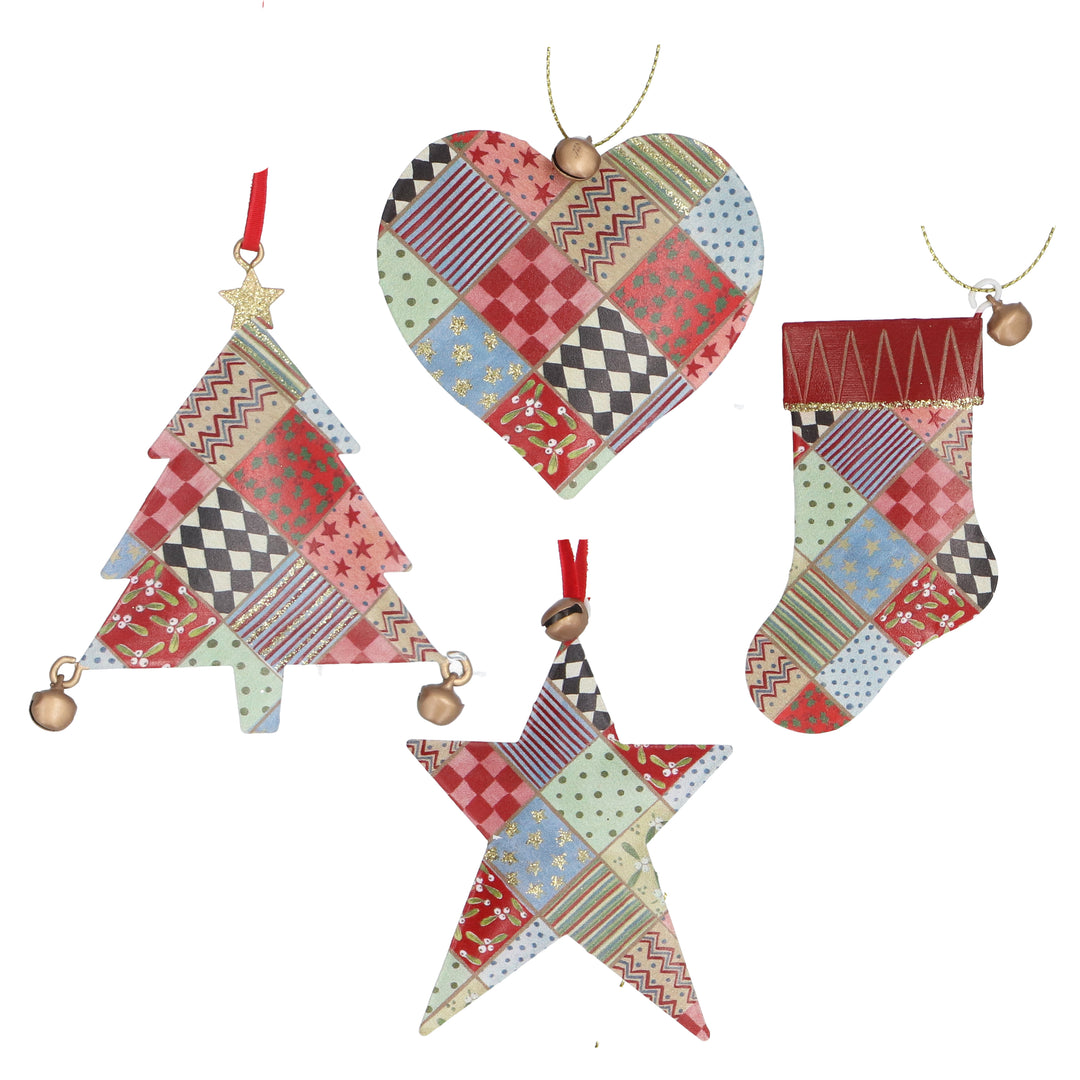 Gold Glitter Circus Patchwork Tin Christmas Tree Decoration