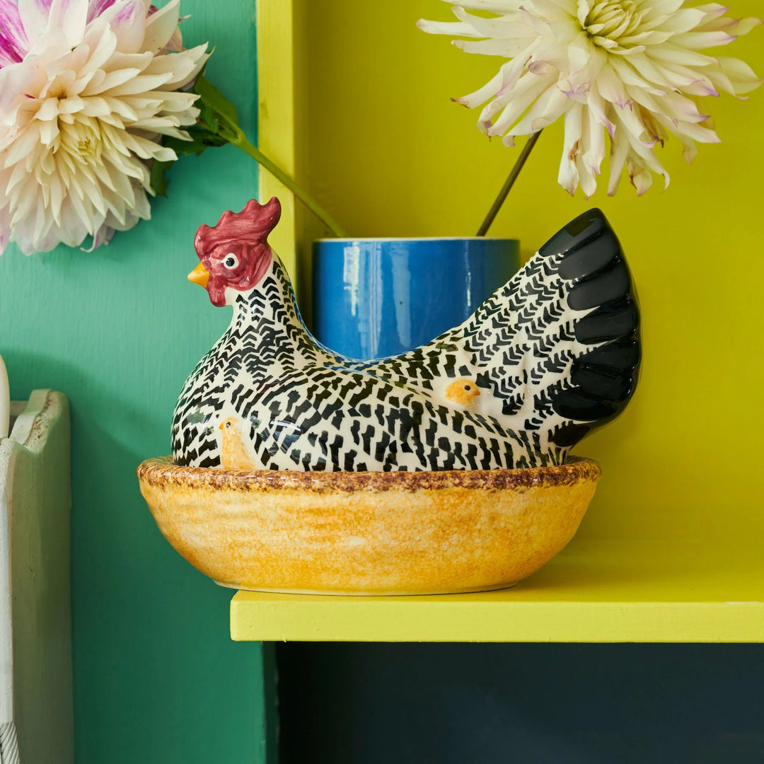 Emma Bridgewater Rise &amp; Shine large hen on nest ceramic figurine with colorful hen and nest design.