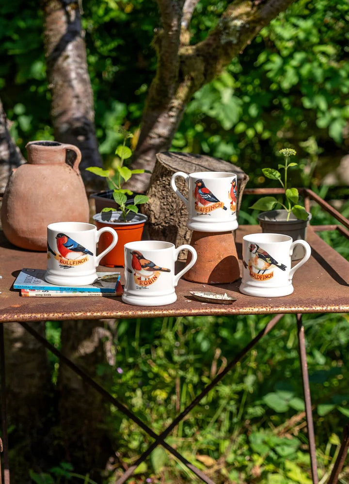 Emma Bridgewater Birds Chaffinch ½ pint ceramic mug with bird illustration, featuring a charming chaffinch design on a white background.