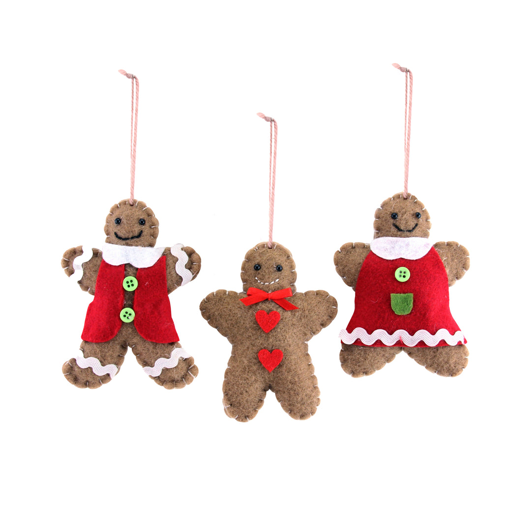 Felt gingerbread boy and girl Christmas ornaments by Gisela Graham, festive holiday decorations from Cornucopia Home and Gift