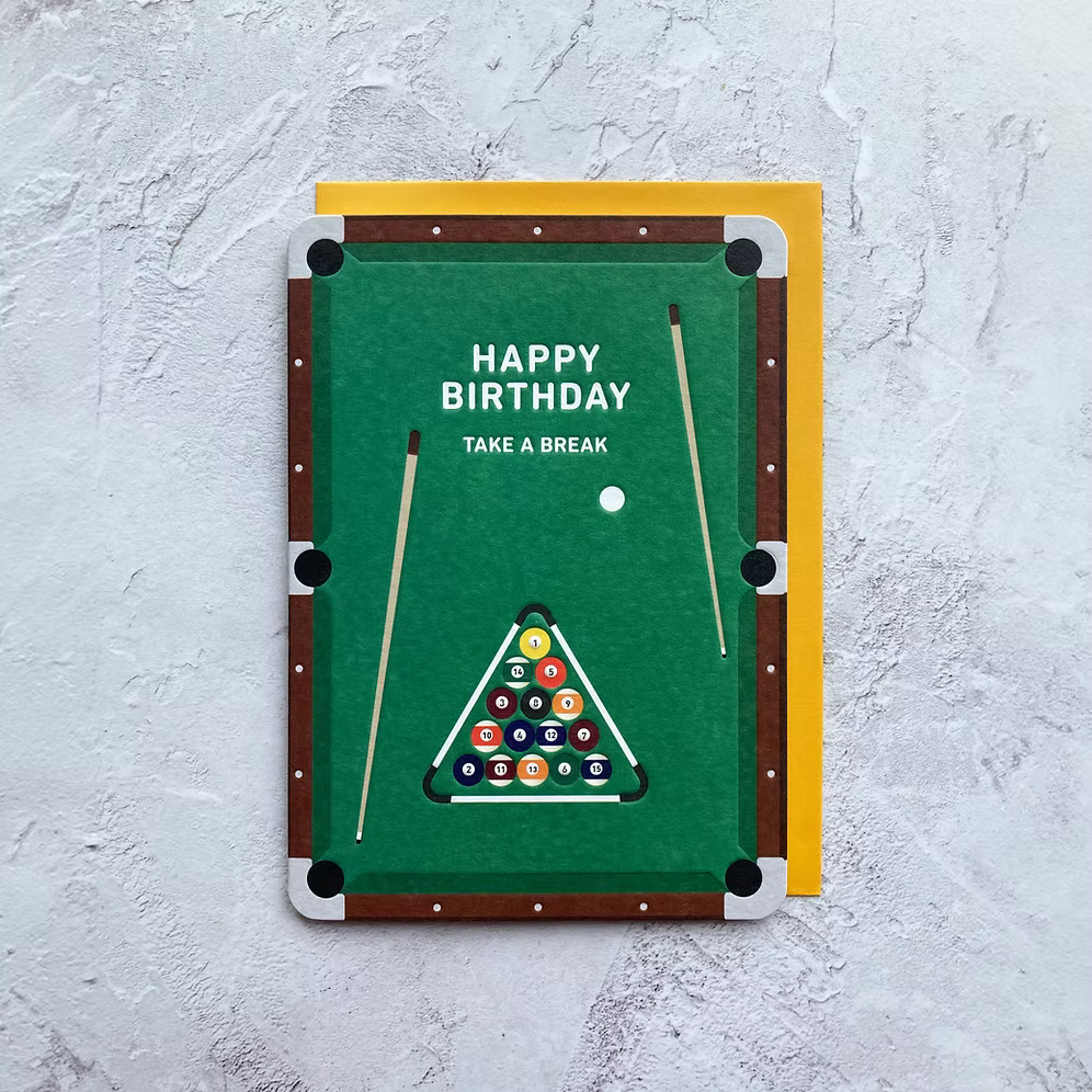 Heyy Taking Shape pool table Happy Birthday card by Cornucopia Home and Gift, featuring colorful pool table illustration and birthday message.