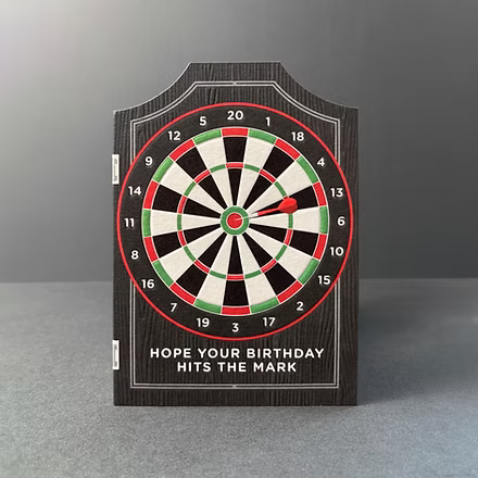 Heyy Taking Shape Darts Happy Birthday Card with colorful darts design, featuring bold typography and festive birthday imagery.