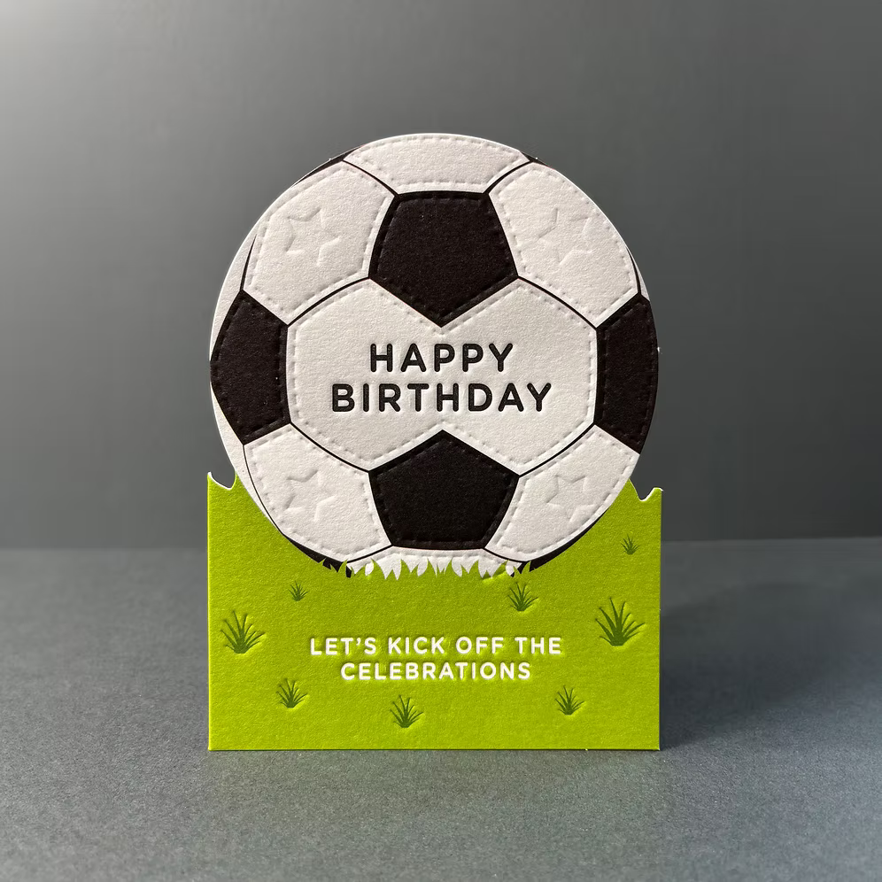 Heyy football birthday card featuring colorful football illustrations, perfect for celebrating sports fans.