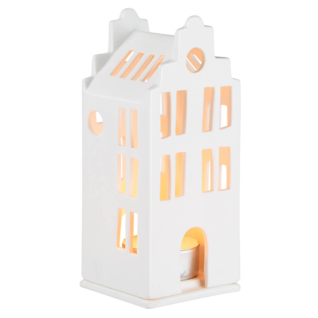 Small Town Canal Tea Light House Radër by Cornucopia Home and Gift, featuring a charming miniature canal house design with windows and door.