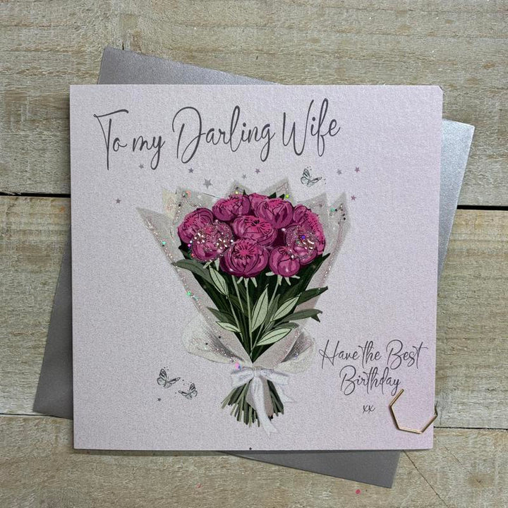 White cotton card featuring a peonies bouquet design, ideal for birthday greetings from Cornucopia Home and Gift.