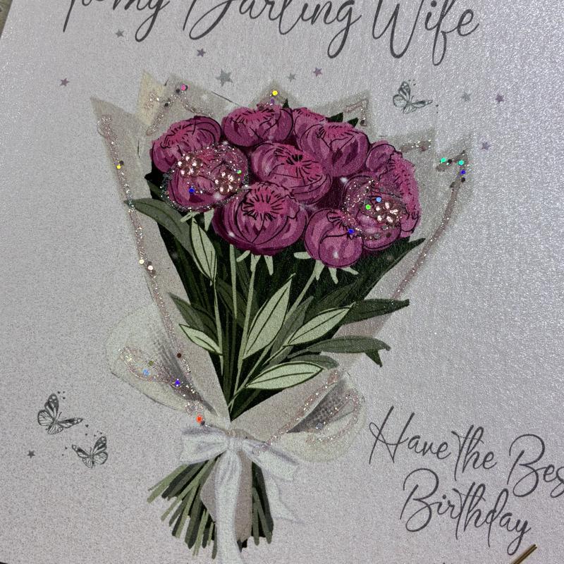 White cotton card featuring a colorful peonies bouquet design, ideal for a wife's birthday greeting from Cornucopia Home and Gift.
