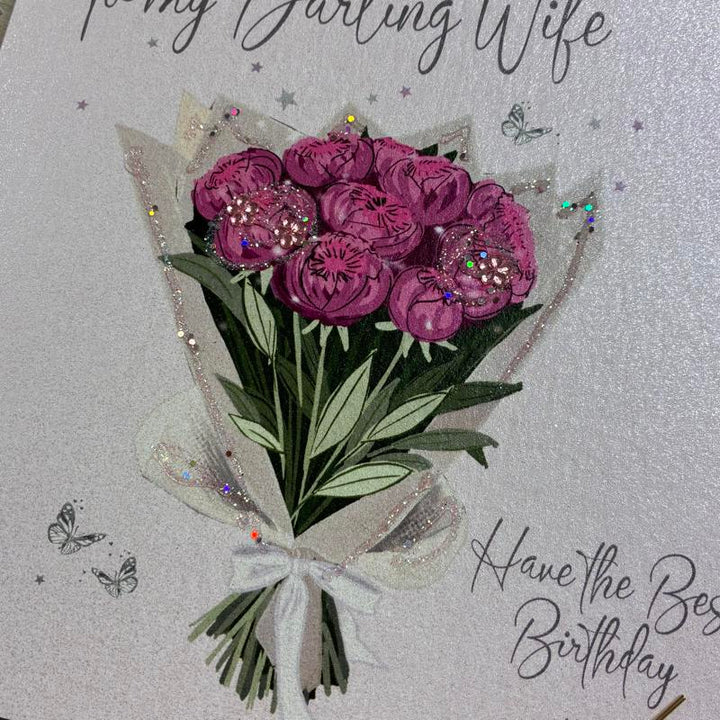 White cotton card featuring a colorful peonies bouquet design, ideal for a wife&
