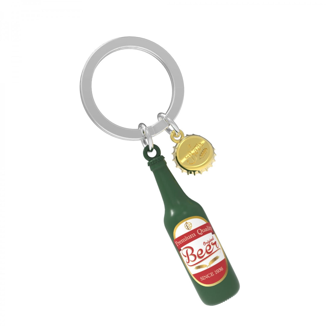Green beer bottle keyring by Oli Olsen featuring a detailed miniature beer bottle with keyring attachment from Cornucopia Home and Gift.