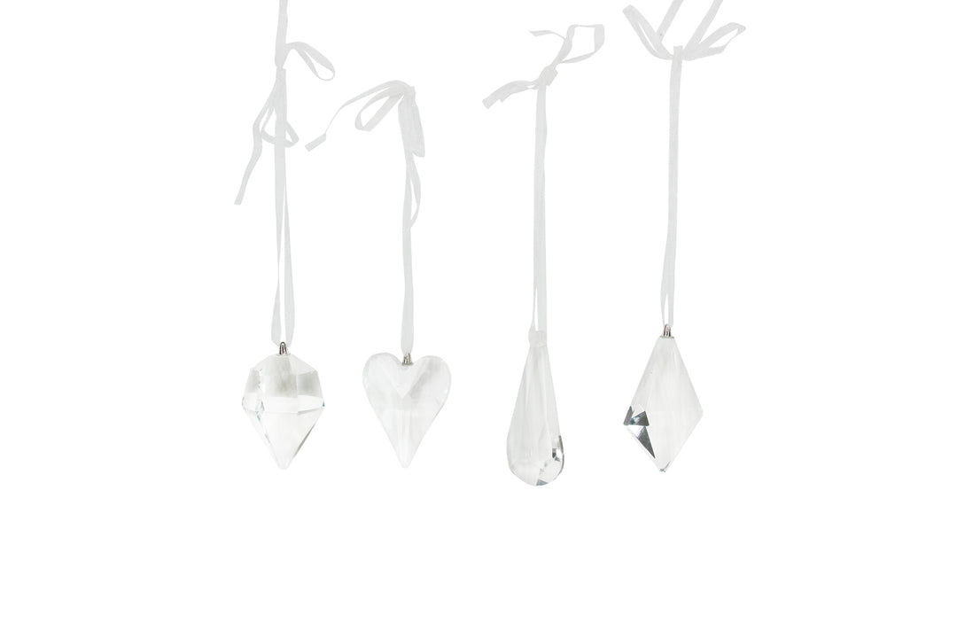 Gisela Graham Christmas glass shapes with white ribbon hangers for holiday decoration, featuring festive designs.
