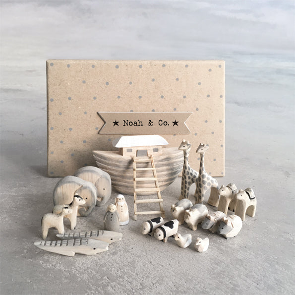 East of India Natural Little Noahs Ark set with animals in a box, by Cornucopia Home and Gift, featuring wooden animal figurines.